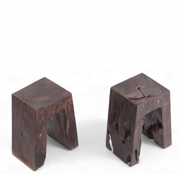 Pair Sculptured Teak Accent or Side Table or Stool 13.2