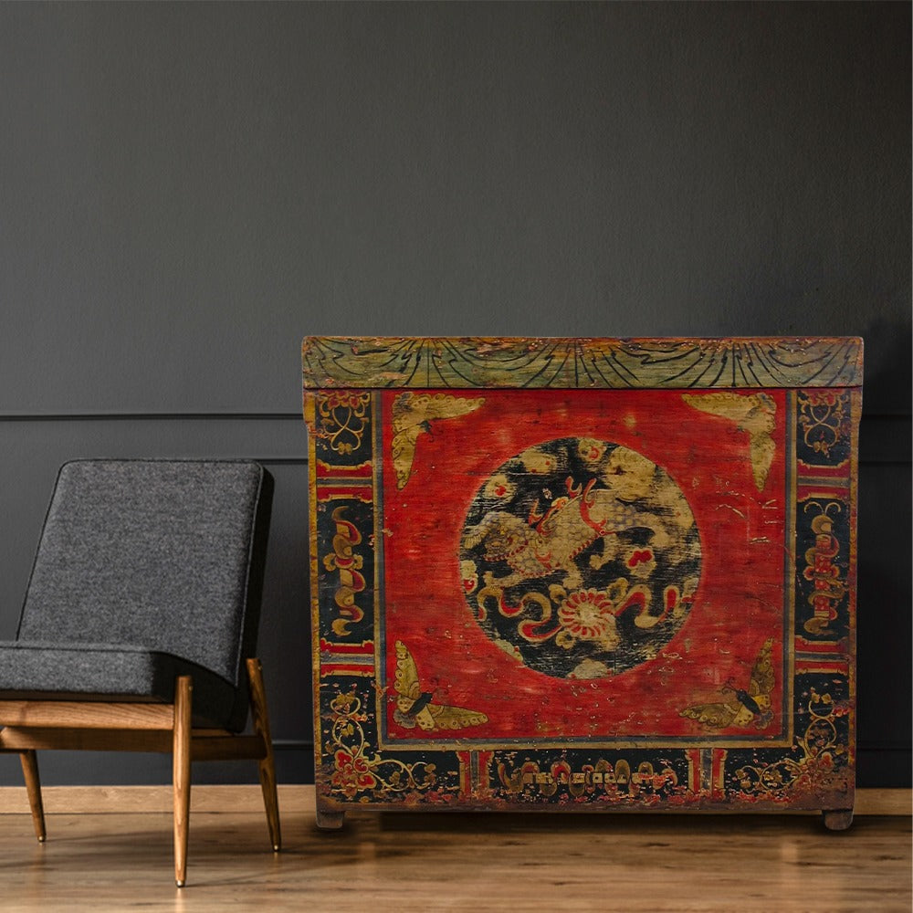 Hand Painted Circle of Mystic Bird Antique Gansu Tibetan Cabinet 2